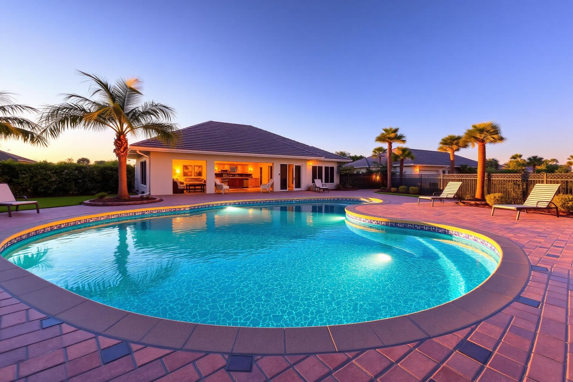 Crystal-blue fiberglass inground pool with paver deck in a Florida backyard